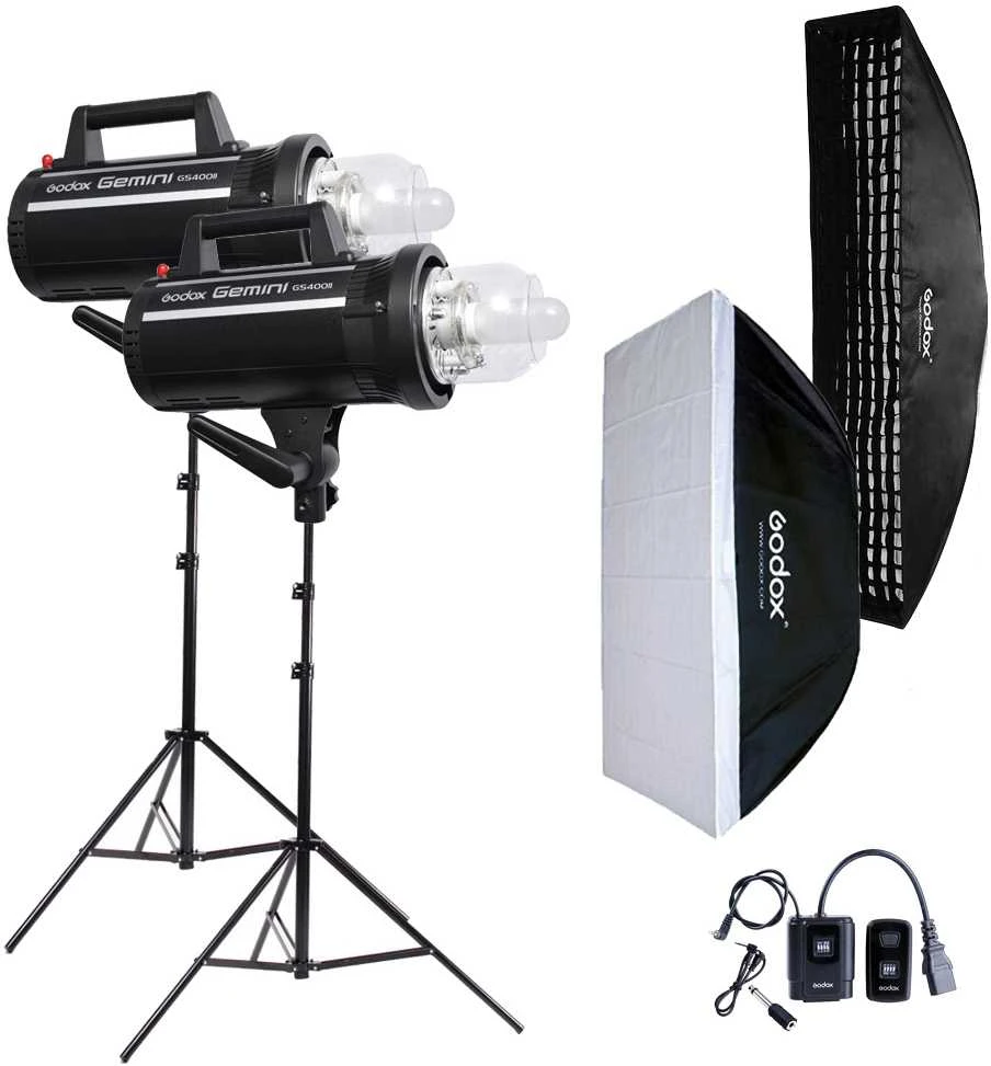 Studijos apšvietimo rinkinys - Godox GS400II 400Ws blykstės įrenginiai su minkštais dėžėmis ir nuotolinio valdymo pultu