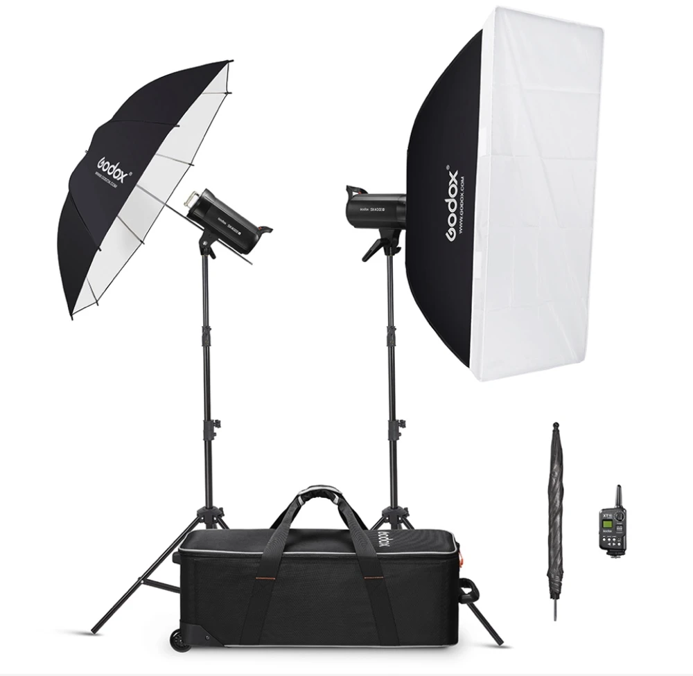 Studijos blykstės rinkinys - Godox SK400IIV C 400Ws blykstės įrenginiai, šviesos stoveliai, softbox, skėčiai