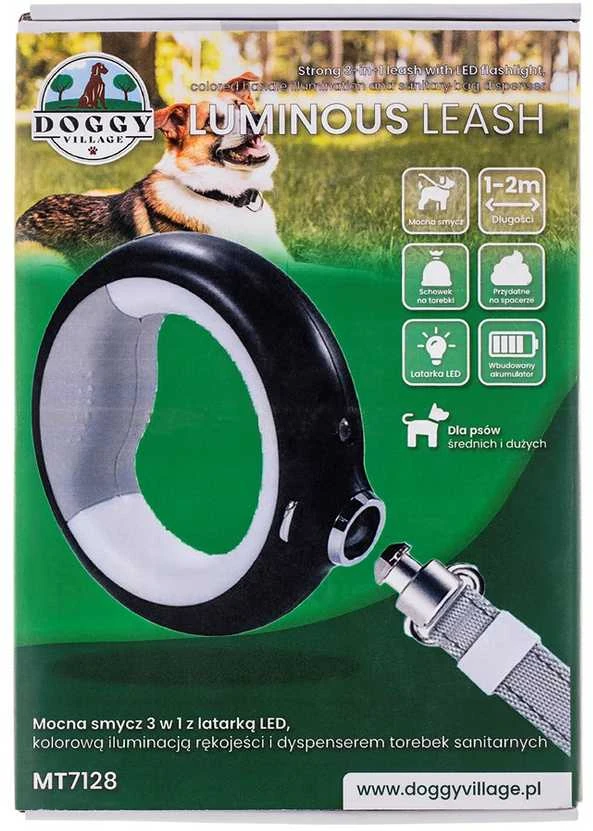 Doggy Village LUMINOUS Pavadėlis - stiprus 3 viename pavadėlis su LED žibintuvėliu, spalvotu rankenos apšvietimu ir higieninio maišelio dozatoriumi vidutiniams ir dideliems šunims, juodas