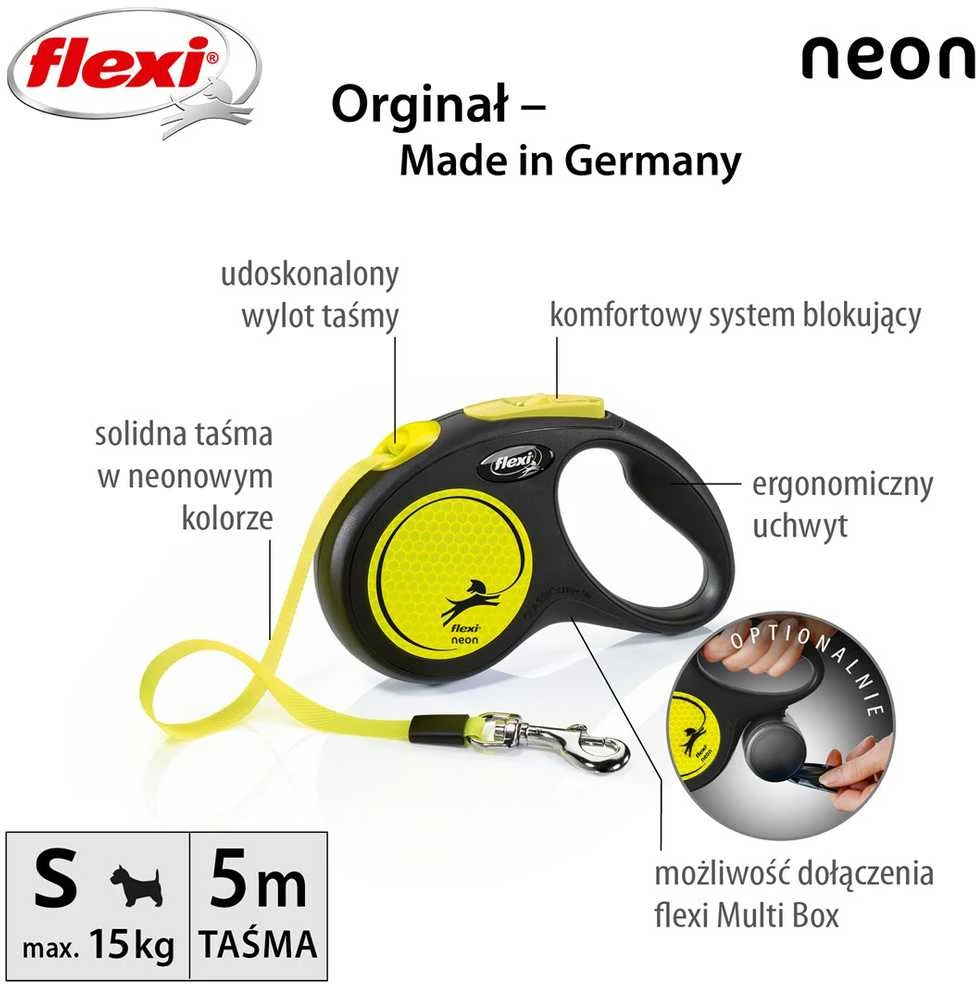 Flexi New Neon S pavadėlis šunims iki 15kg juostinis 5m geltonos spalvos