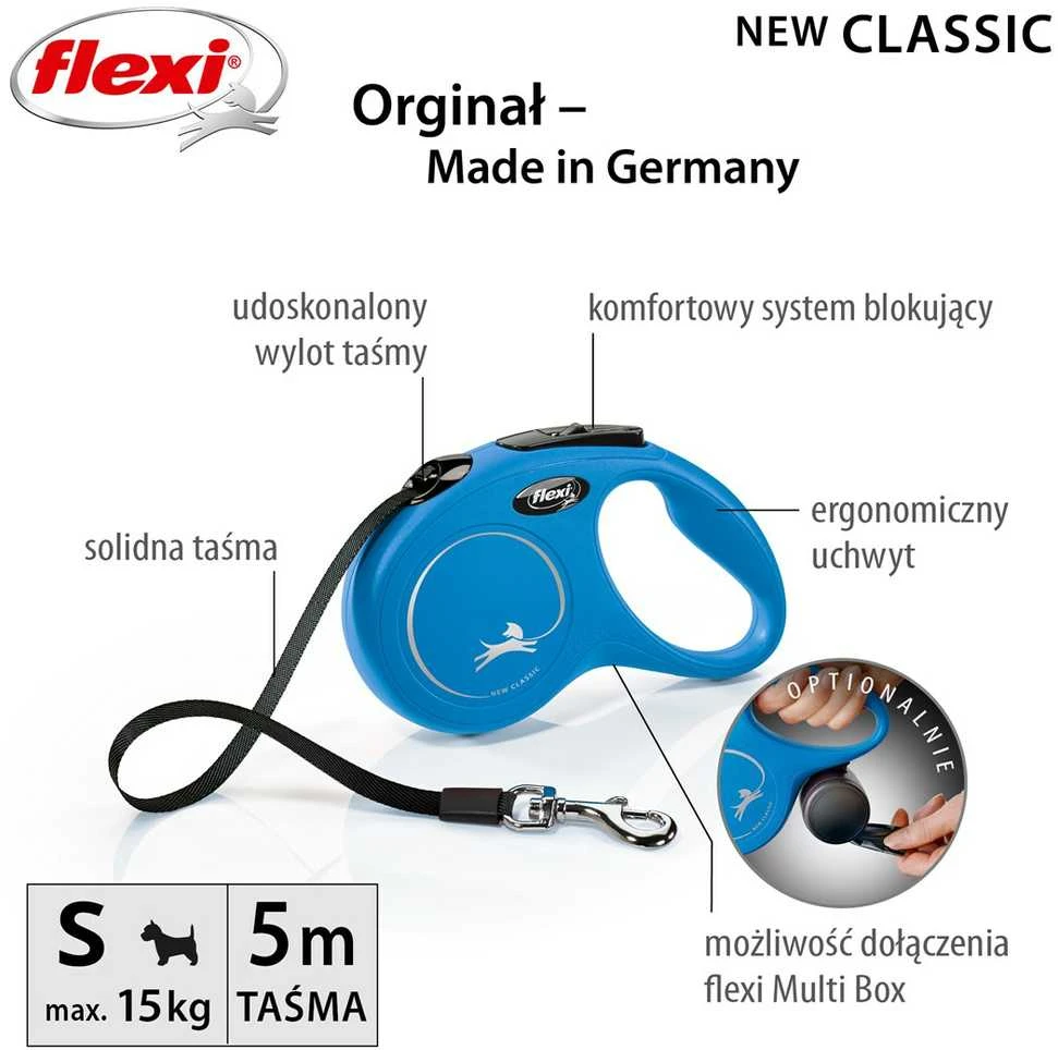 Flexi New Classic S pavadėlis šunims iki 15kg juostinis 5m mėlynos spalvos
