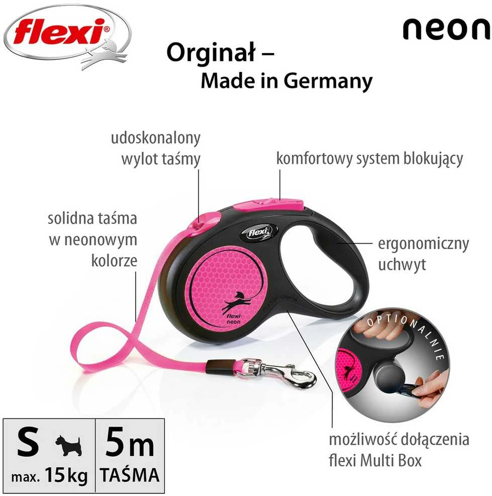 FLEXI New Neon Tape rožinis pavadėlis S-5m iki 15kg