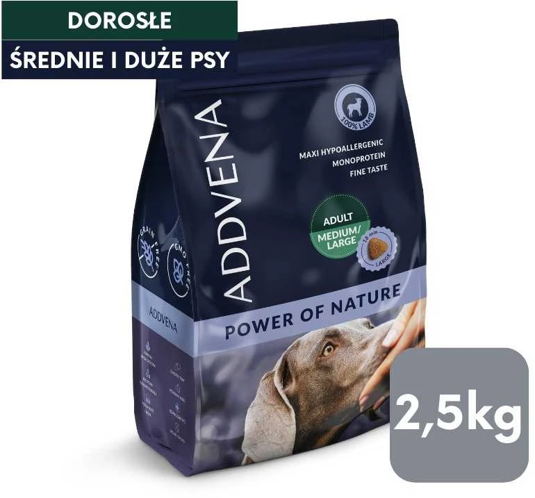Šunų maistas - ADDVENA Power of Nature Suaugusiųjų Vidutinio/Didelio Kiekio Aviena 2.5kg