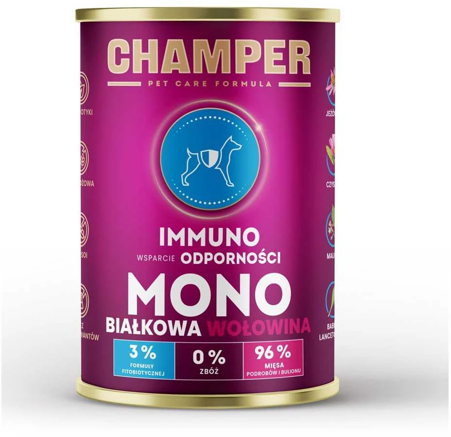 Šunų maistas - CHAMPER Immuno jautiena drėgnas begrūdis 400g