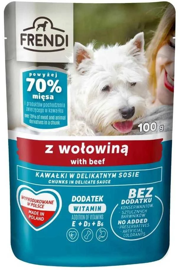 Šunų maistas - FRENDI gabaliukai padaže jautiena (Frendi, 100g, 7% baltymų, 82% drėgmės)