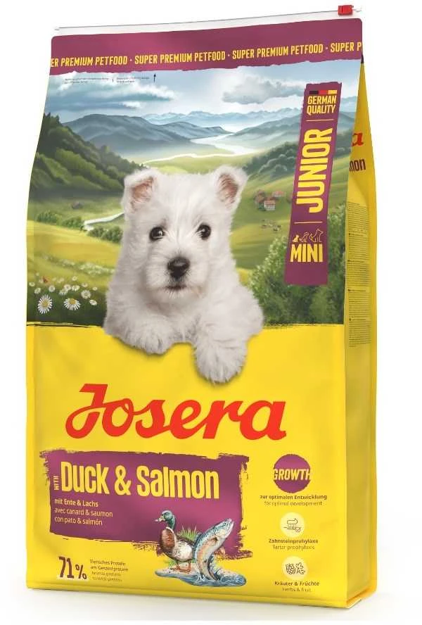 Josera MiniJunior antiena and lašiša sausas pašaras mažų veislių jauniems šunims su antiena ir lašiša, 900 g