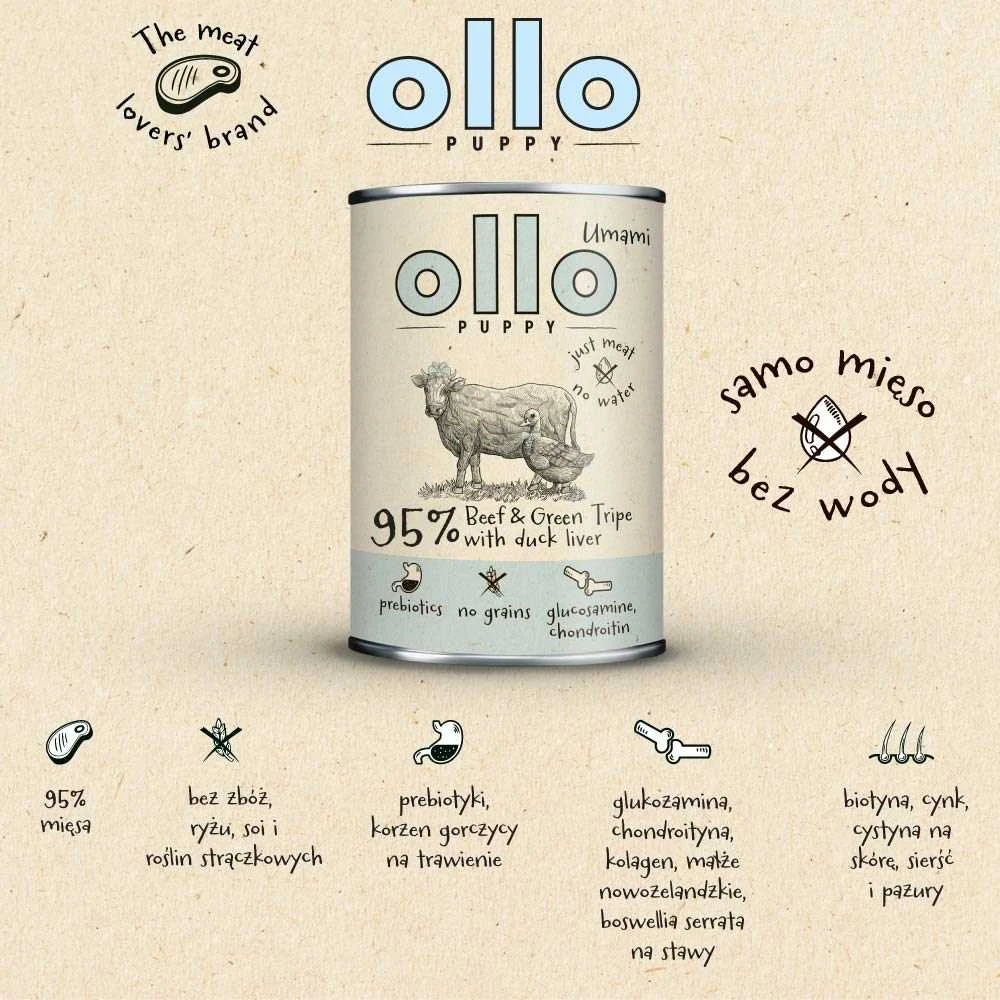 OLLO Puppy Umami jautiena ir Žalias skrandžiai su antiena kepenėlėmis - šlapias šunų ėdalas - 850g