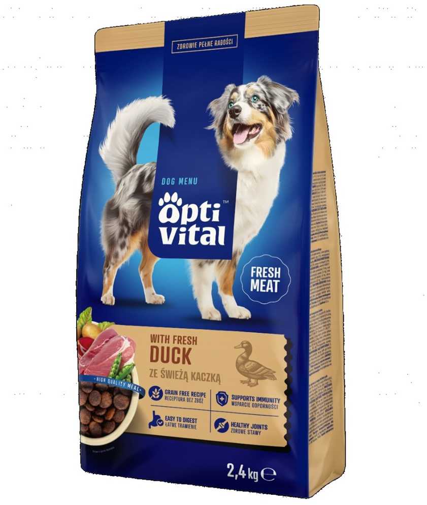 Šunų maistas - OptiVital su šviežia antis sauso maisto 2.4kg