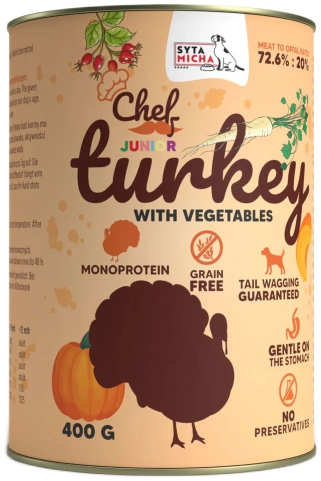 SYTA MICHA Chef kalakutiena with vegetables Junior – drėgnas ėdalas šunims – 400g