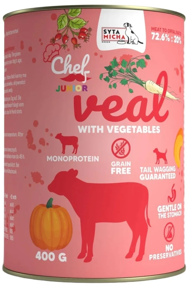 SYTA MICHA Chef Veal with vegetables Junior – drėgnas ėdalas šunims – 400g