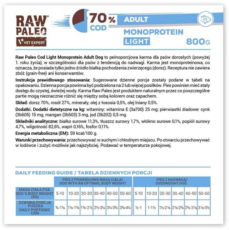 Šunų Maistas - VetExpert Raw Paleo Cod Light Monoprotein Wet 800g