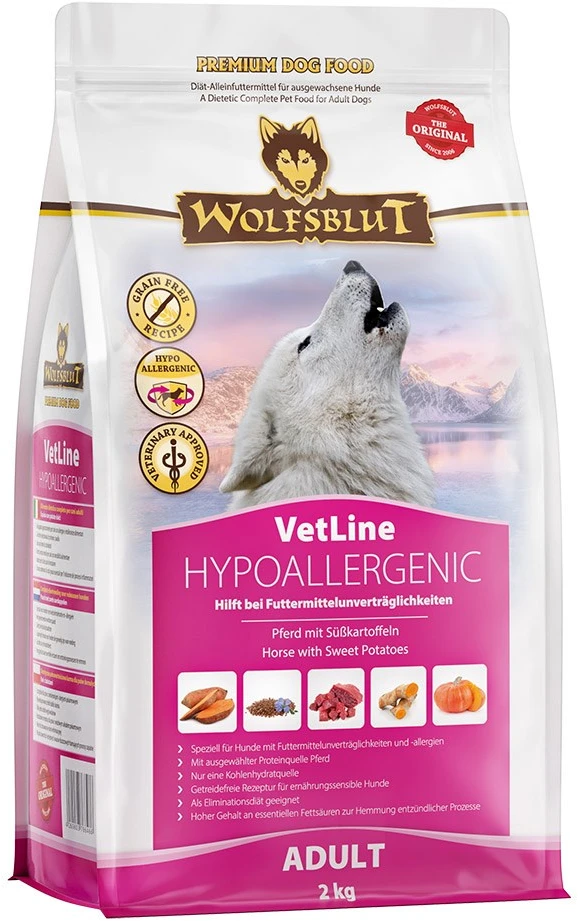 WOLFSBLUT VetLine Hypoallergenic Horse with sweet potatoes – sausas Maistas šunims – 2kg