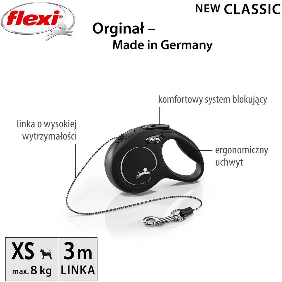 Flexi New Classic XS pavadėlis šunims iki 8kg virvinis 3m juodos spalvos