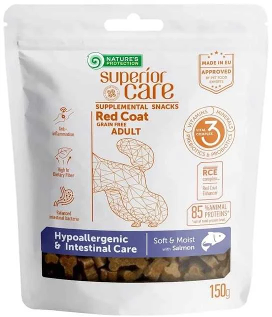 Nature's Protection SC Raudona Coat begrūdis Hypoallergenic &amp; Intestinal Care with lašiša Adult All breeds, begrūdis suaugusių, visų veislių raudonkailių šunų pašaro papildas – skanėstai su lašiša, 150 g
