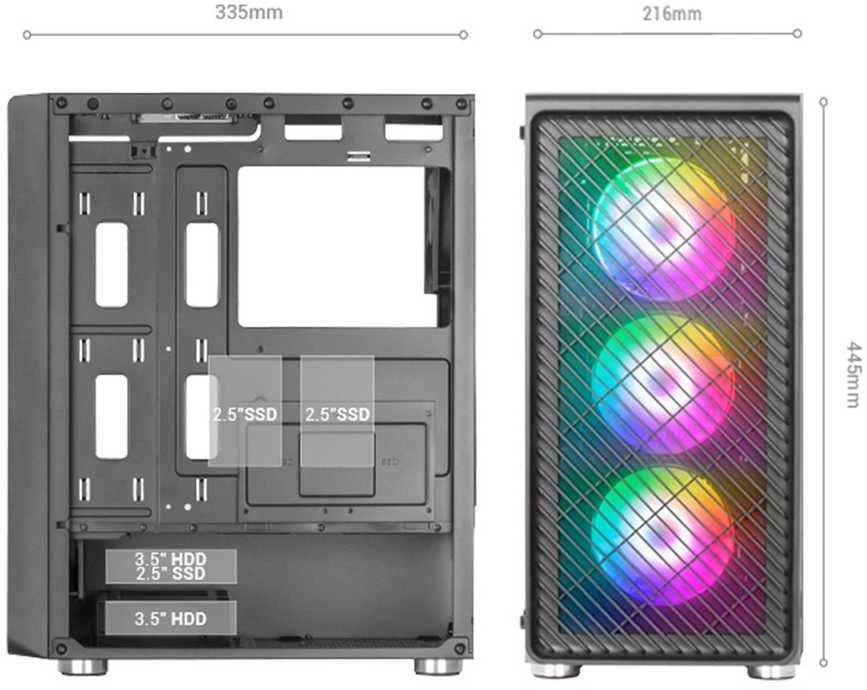 „tacens Mars Gaming MC-F Juodas“, ATX žaidimų pusiau bokštas, grūdinto stiklo langas, metalinis tinklelio priekis, 4x 120 mm ARGB ventiliatoriai