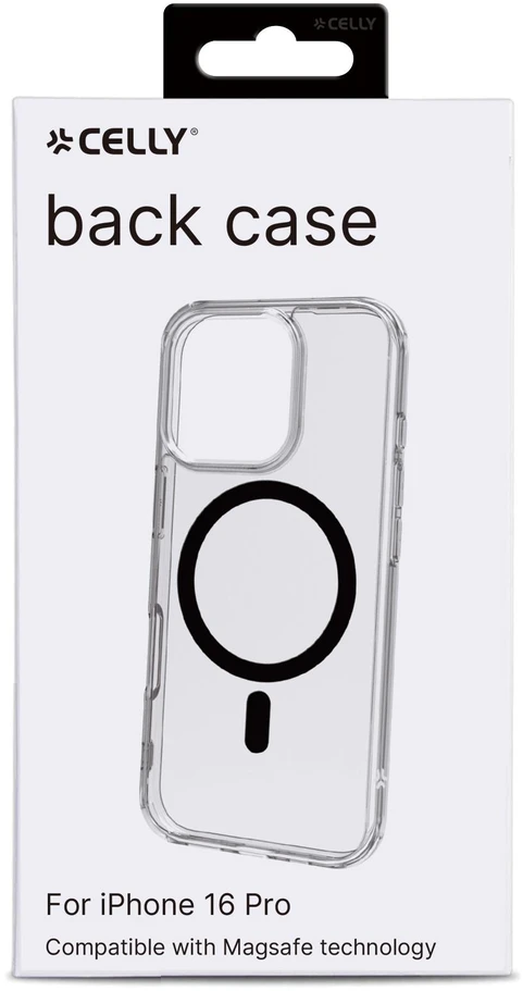 Telefono dėklas - Celly GELSKINMAG1113B „MagSafe“ dėklas, skirtas iPhone 16 Pro, skaidrus/juodas