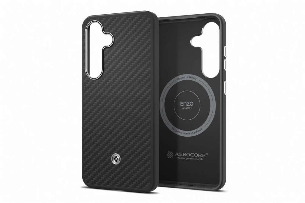 Samsung Spigen Enzo Aramid Magnet Galaxy S25 telefono dėklas, juodos spalvos