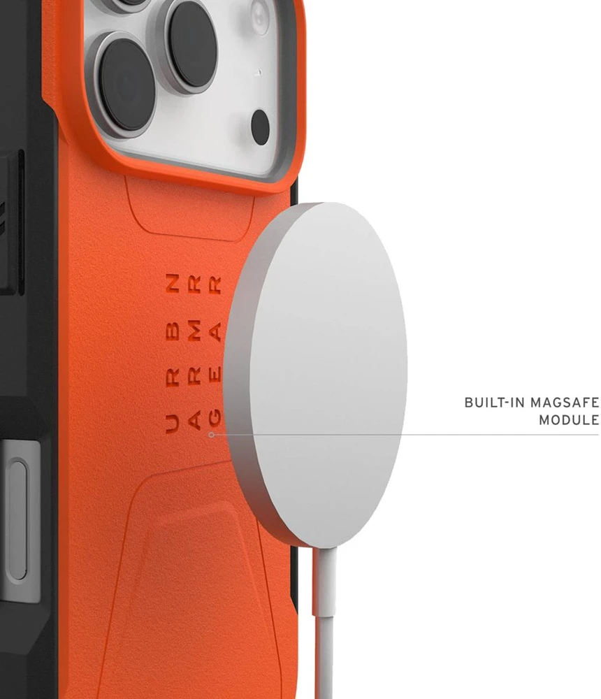 Dėklas Carruzzo Urban Armor Gear UAG Civilian Magsafe akiniai, oranžiniai - iPhone 17 Pro