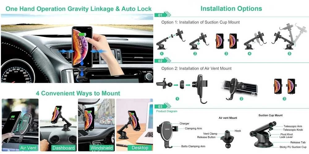 Telefono laikiklis automobiliui CHOETECH, su belaidžio įkrovimo funkcija, 10W