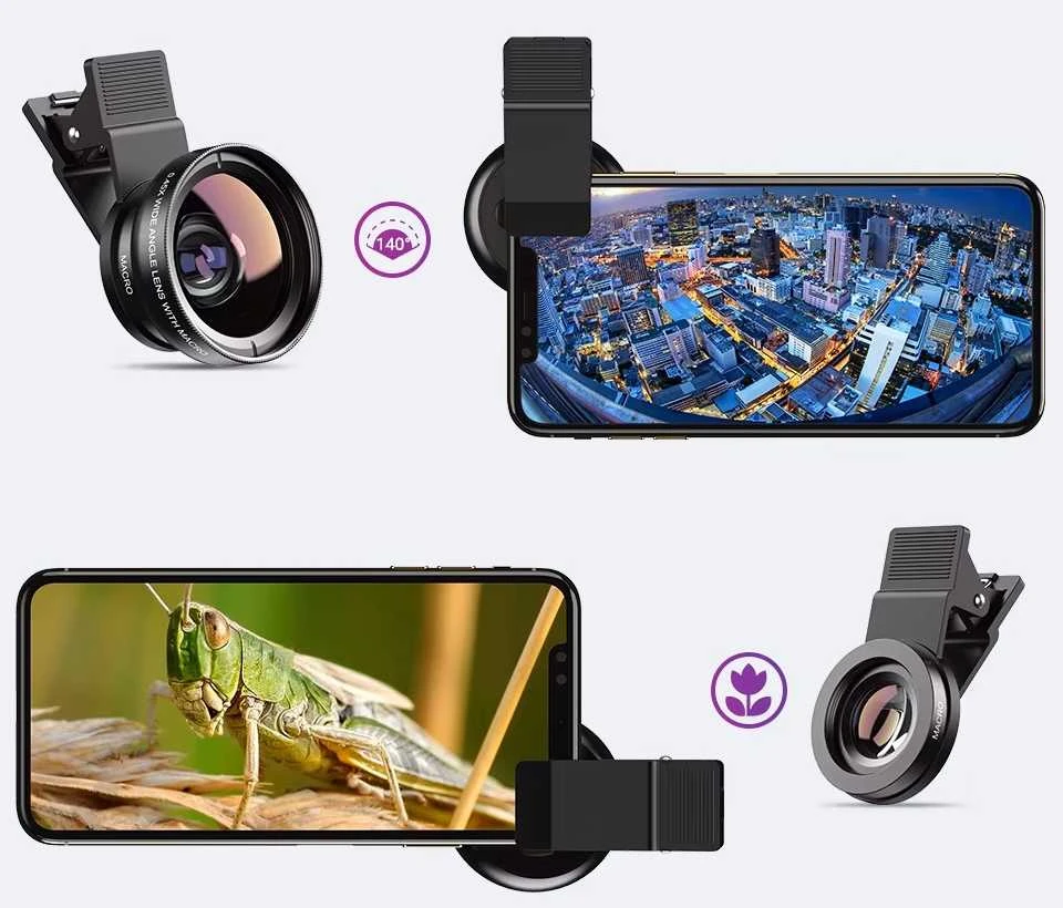 Telefono Objektyvas - Apexel APL-0.45WM 0.45x Plataus Kampo + 12.5x Makro Objektyvas