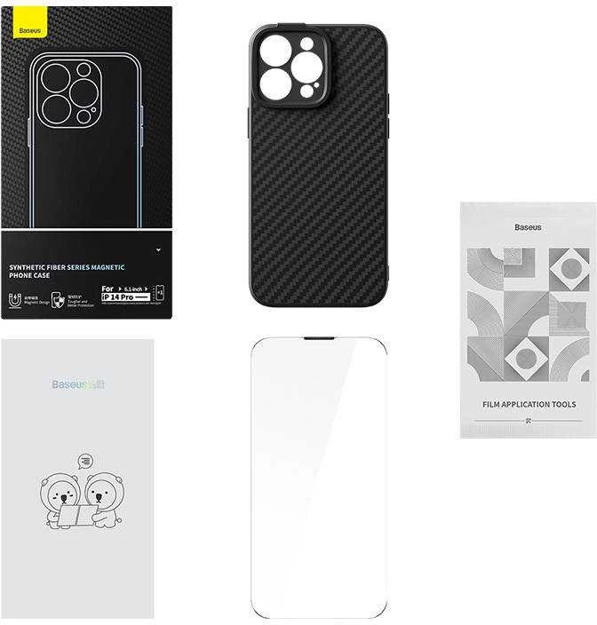 Magnetic Case Baseus Sintetinio pluošto serija, skirta iPhone 14 Pro (juodas)+ grūdintas stiklas + valymo rinkinys
