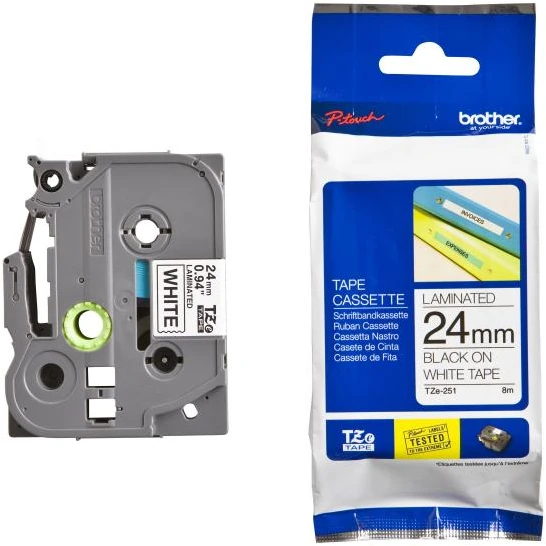 Brother | TZ-251 Laminated Tape | Juodas on Baltas | TZe | 8 m | 2.4 cm