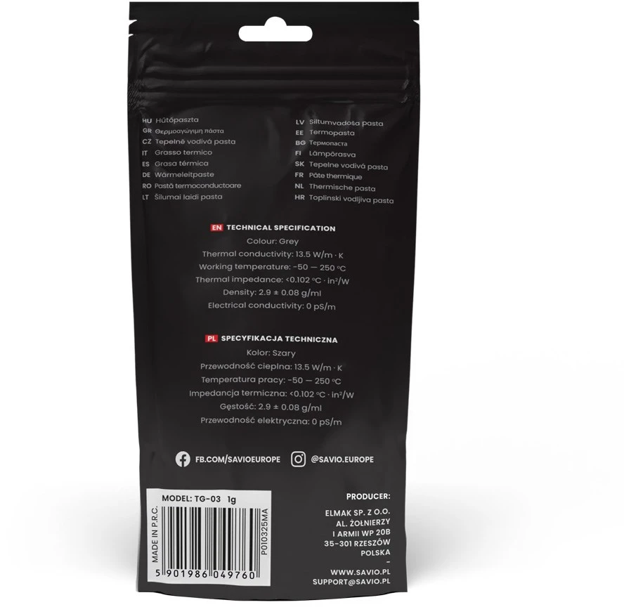 Savio TG-03 1G šilumos kriauklės pasta Terminė pasta 13,5 W/m·K