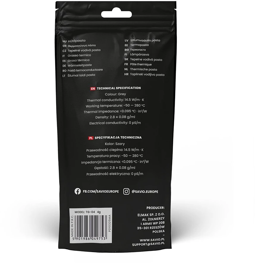 Savio TG-04 4g šilumos kriauklės pasta Terminė pasta 14,5 W/m·K