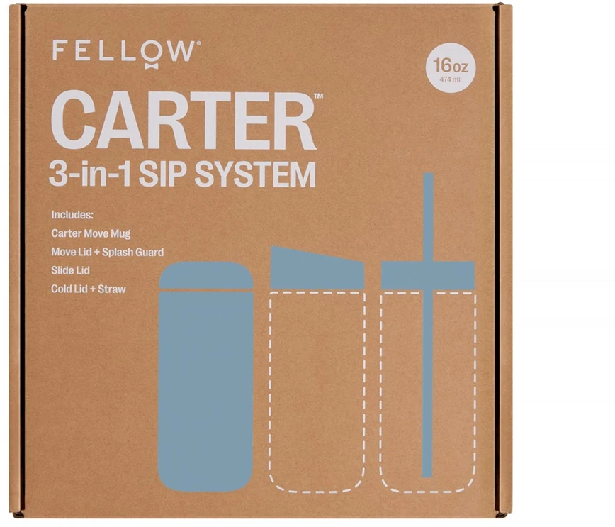Fellow Carter Move Mug 3-in-1 kelioninis puodelis su 3 dangteliais, 473 ml, milteliai, Mėlyna