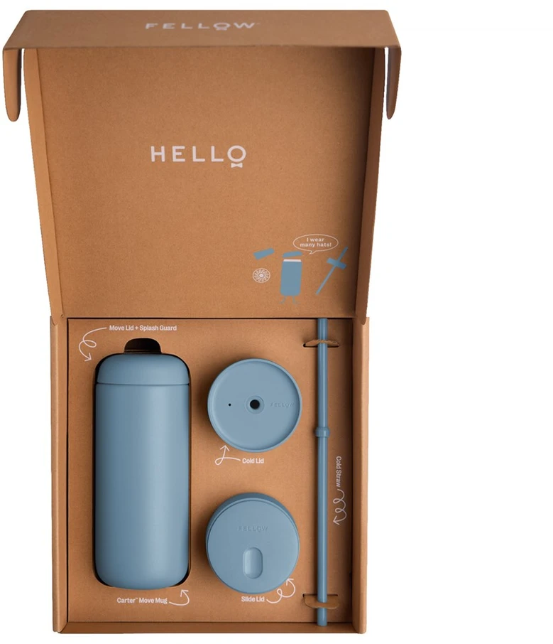 Fellow Carter Move Mug 3-in-1 kelioninis puodelis su 3 dangteliais, 473 ml, milteliai, Mėlyna