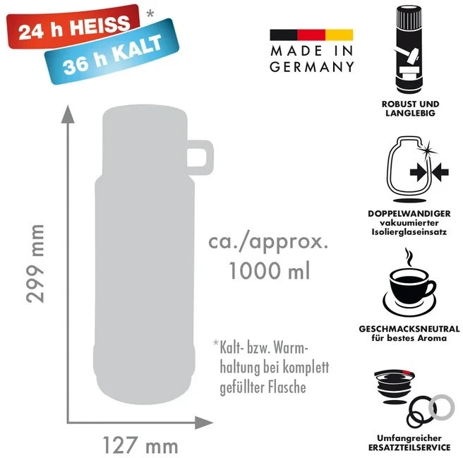 ROTPUNKT Stiklinė vakuuminė termosas, talpa 1,0 l, hyperblue (tamsiai mėlyna)
