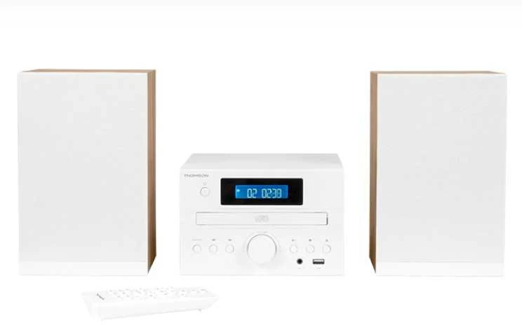 Muzikinis centras Thomson Micro garso sistema BT, radijas FM/CD/MP3/USB, medžio apdaila, balta.