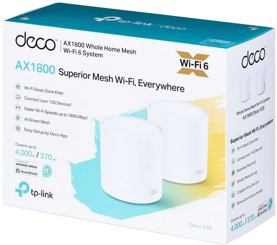 Maršrutizatorius „TP-Link AX1800 Whole Home Mesh Wi-Fi 6“ sistema | Deco X20 (2 pakuotės) | 802.11ax | 1201+574 Mbit/s | 10/100/1000 Mbit/s | Ethernet LAN (RJ-45) jungtys 2 | Tinklelio palaikymas Taip | MU-MiMO Taip | Nėra mobiliojo plačiajuosčio ryšio | Antenos tipas 4xInternal per Deco uni