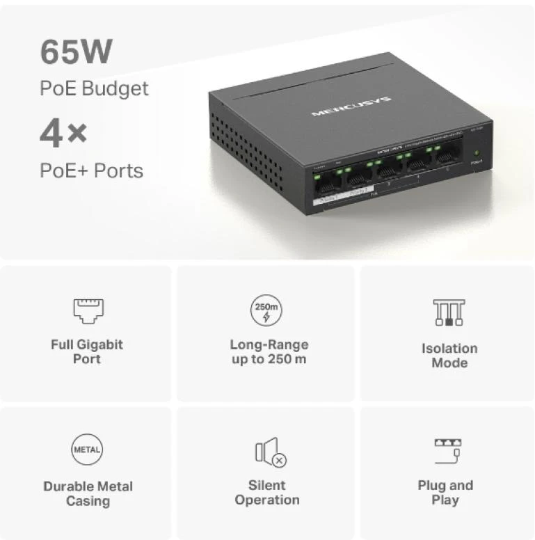 „Mercusys“ 5 prievadų gigabito darbalaukio komutatorius su 4 prievadų „PoE+“ palaikymu