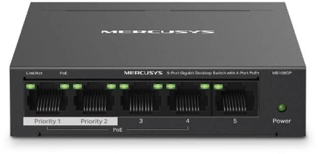 „Mercusys“ 5 prievadų gigabito darbalaukio komutatorius su 4 prievadų „PoE+“ palaikymu