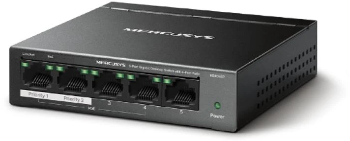„Mercusys“ 5 prievadų gigabito darbalaukio komutatorius su 4 prievadų „PoE+“ palaikymu