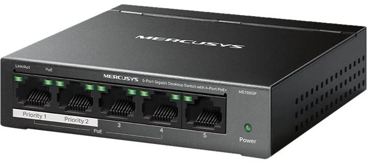 „Mercusys“ 5 prievadų gigabito darbalaukio komutatorius su 4 prievadų „PoE+“ palaikymu