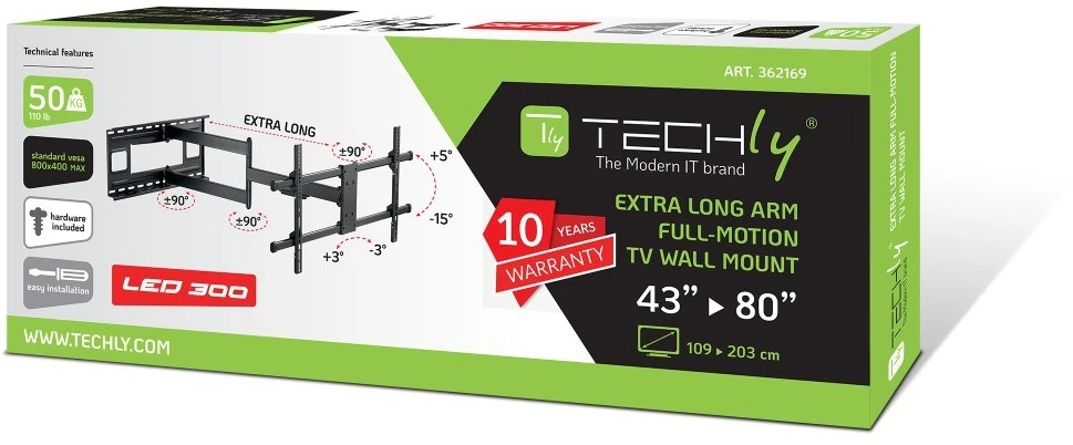 TECHLY sieninis laikiklis, ištraukiama rankena iki 1015 mm LCD 43-80 colių Juodas