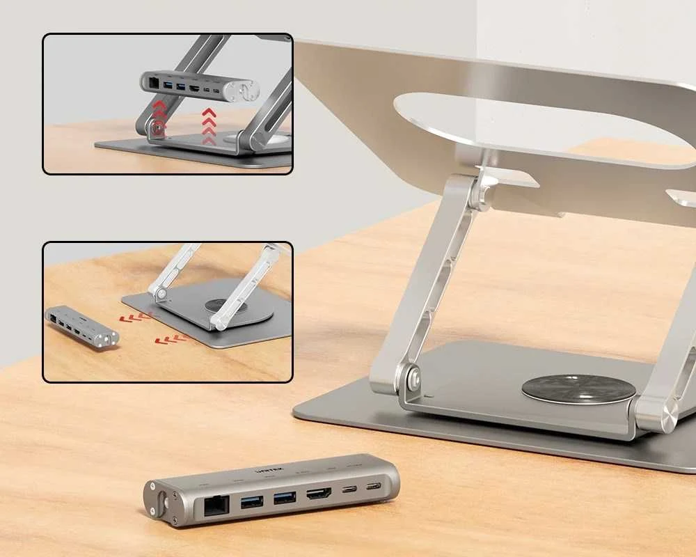 Unitek Nešiojamo Kompiuterio Laikiklis - Reguliuojamas su USB-C HDMI Hub D1109B01 PD 100W (Atnaujinta)