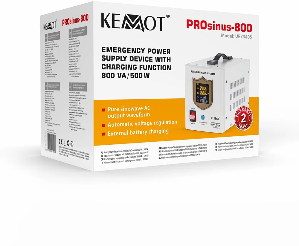 KEMOT PROsinus-800 nepertraukiamo maitinimo šaltinis su gryna sinusine banga ir įkrovimo funkcija 12V 230V 800VA/500W
