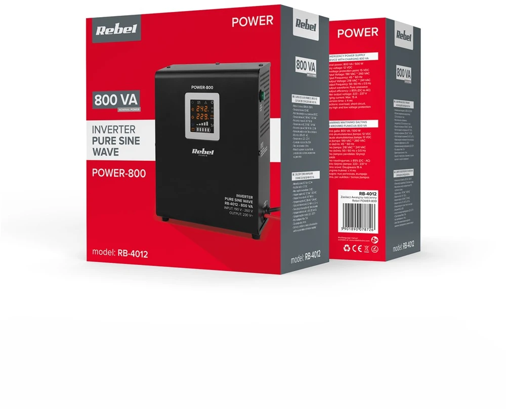 Rebel POWER-800 Sieninis avarinis maitinimo šaltinis – pilnos sinusinės bangos keitiklis su įkrovimo funkcija 12V 230V 800VA 500W
