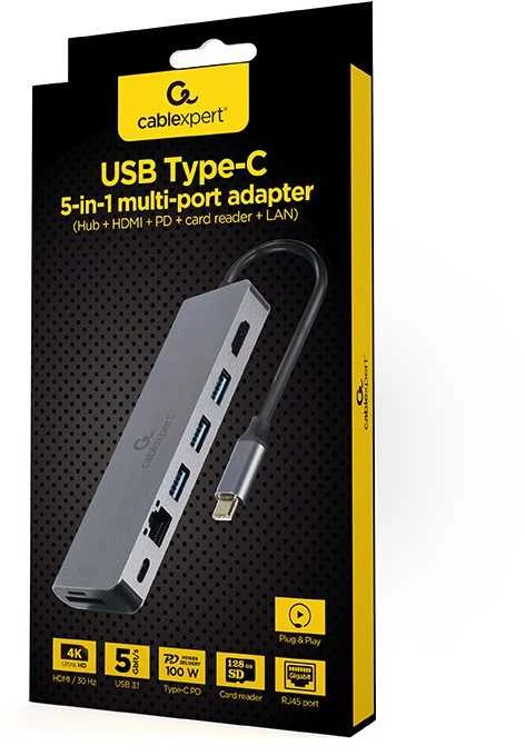 GEMBIRD A-CM-COMBO5-05 kelių prievadų adapteris C tipo USB 5in1 šakotuvas + HDMI + PD + kortelių skaitytuvas + LAN
