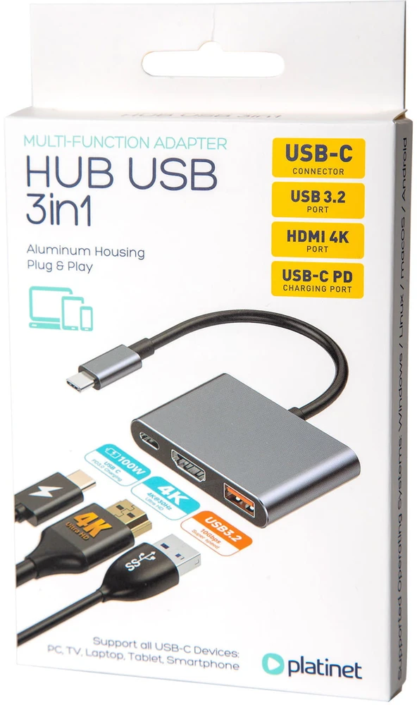 USB-C šakotuvas Platinet 3in1 (PMH9991T) (1xHDMI 4K; 1xUSB-C; 1xUSB 3.2)