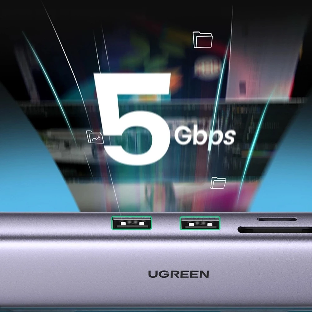 Adapterio šakotuvas UGREEN, USB-C iki 2x USB 3.0, HDMI, RJ45, SD/TF