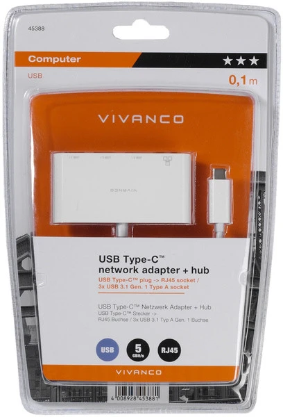 USB Adapteris - Vivanco 45388 USB-C LAN Šakotuvas, 3 Prievadai, 5 Gbit/s