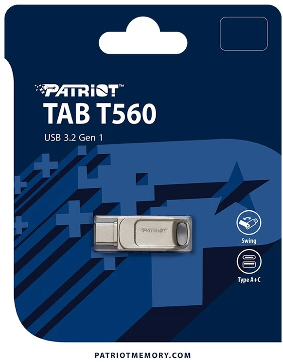 Patriot Memory Tab T560 64GB USB atmintinė, dviguba USB 120MB/s (PS64GT560DS5D), Sidabrinis