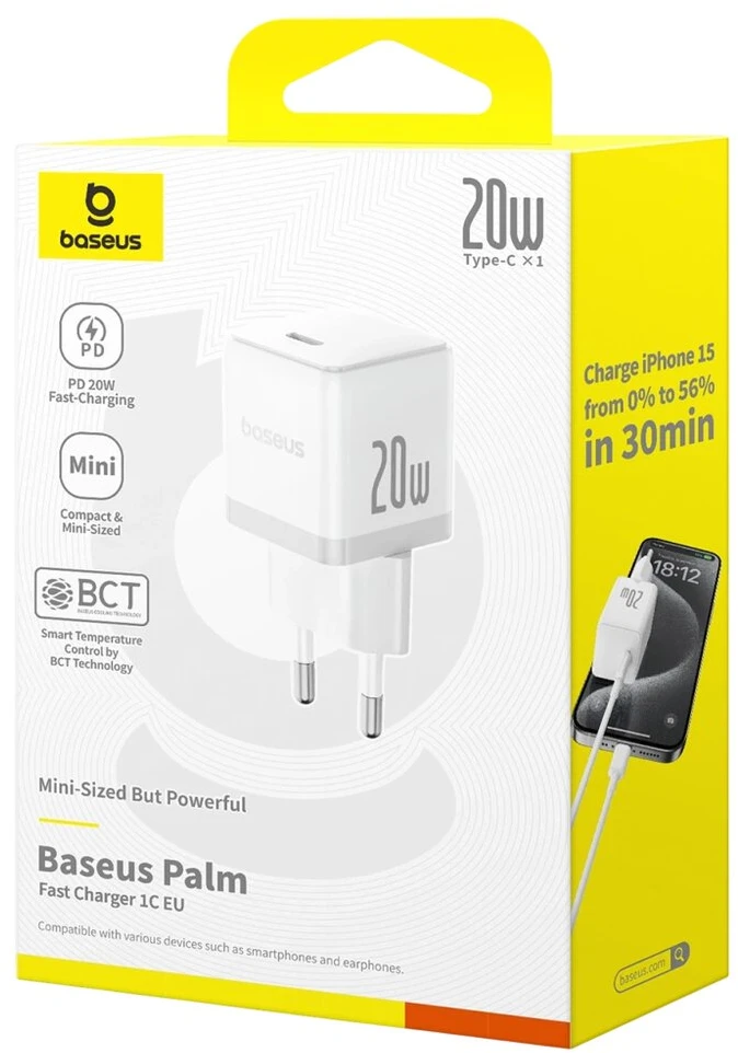 Baseus Sieninis įkroviklis Palm 20W USB-C QC3.0 PD3.0, baltas
