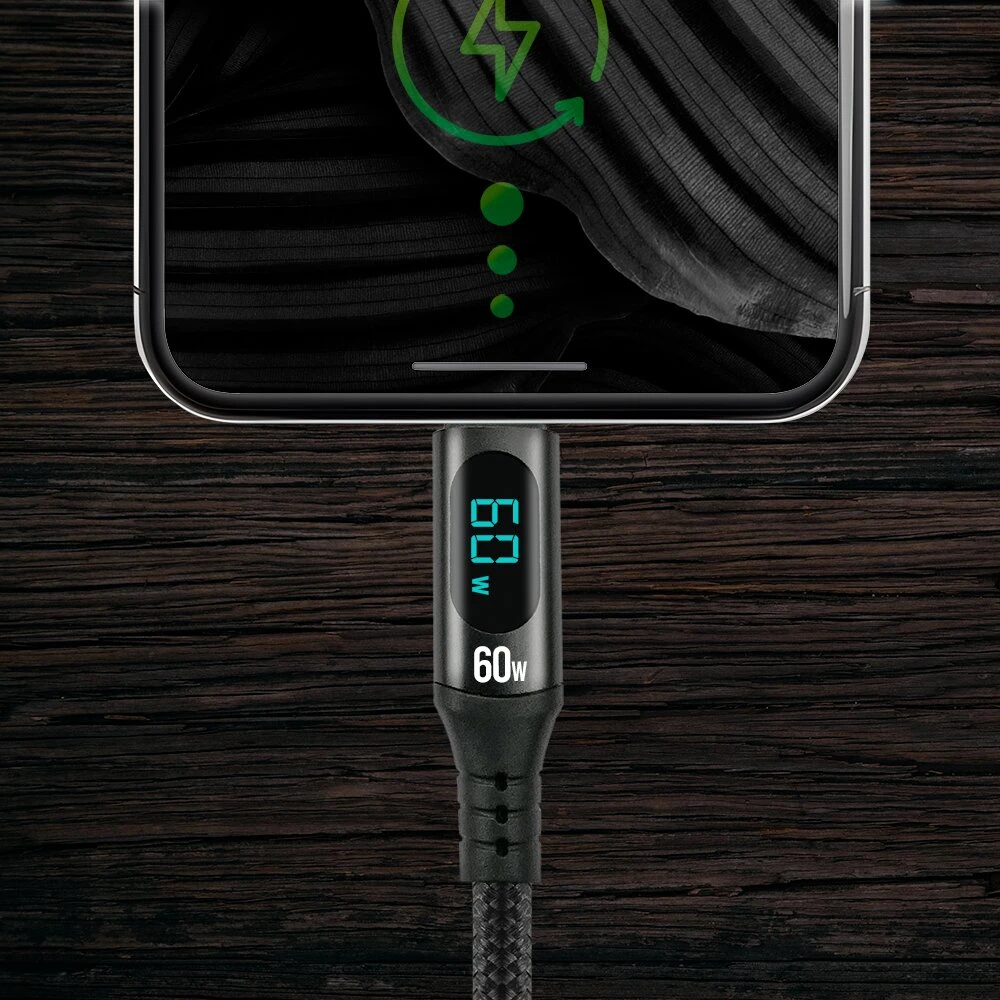 USB-C Įkrovimo Kabelis - everActive CBB-2PDL 60W, 480 MB/s, Integruotas Ekranas Juodas 2.0m
