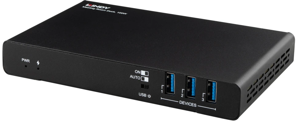 USB-C jungčių stotelė - Lindy 43425 susitikimų kambario stotelė, 2× 4K HDMI, 100 W PD, juoda
