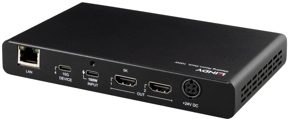 USB-C jungčių stotelė - Lindy 43425 susitikimų kambario stotelė, 2× 4K HDMI, 100 W PD, juoda
